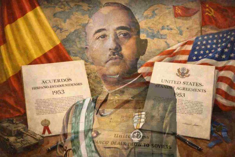Ilustración alegórica de los acuerdos hispano-estadounidenses de 1953, con documentos oficiales, banderas de España y Estados Unidos sin escudos, mapas estratégicos del Mediterráneo y símbolos de la Guerra Fría.