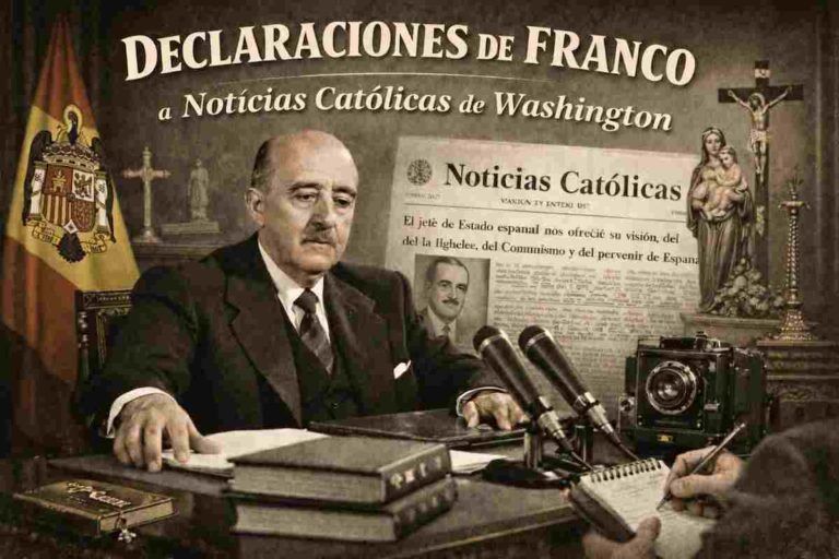 Imagen alegórica de Francisco Franco durante su entrevista con Noticias Católicas de Washington en junio de 1957, sentado en su despacho con micrófonos y documentos, acompañado de símbolos religiosos y la bandera de España de época, en un ambiente institucional y confesional.