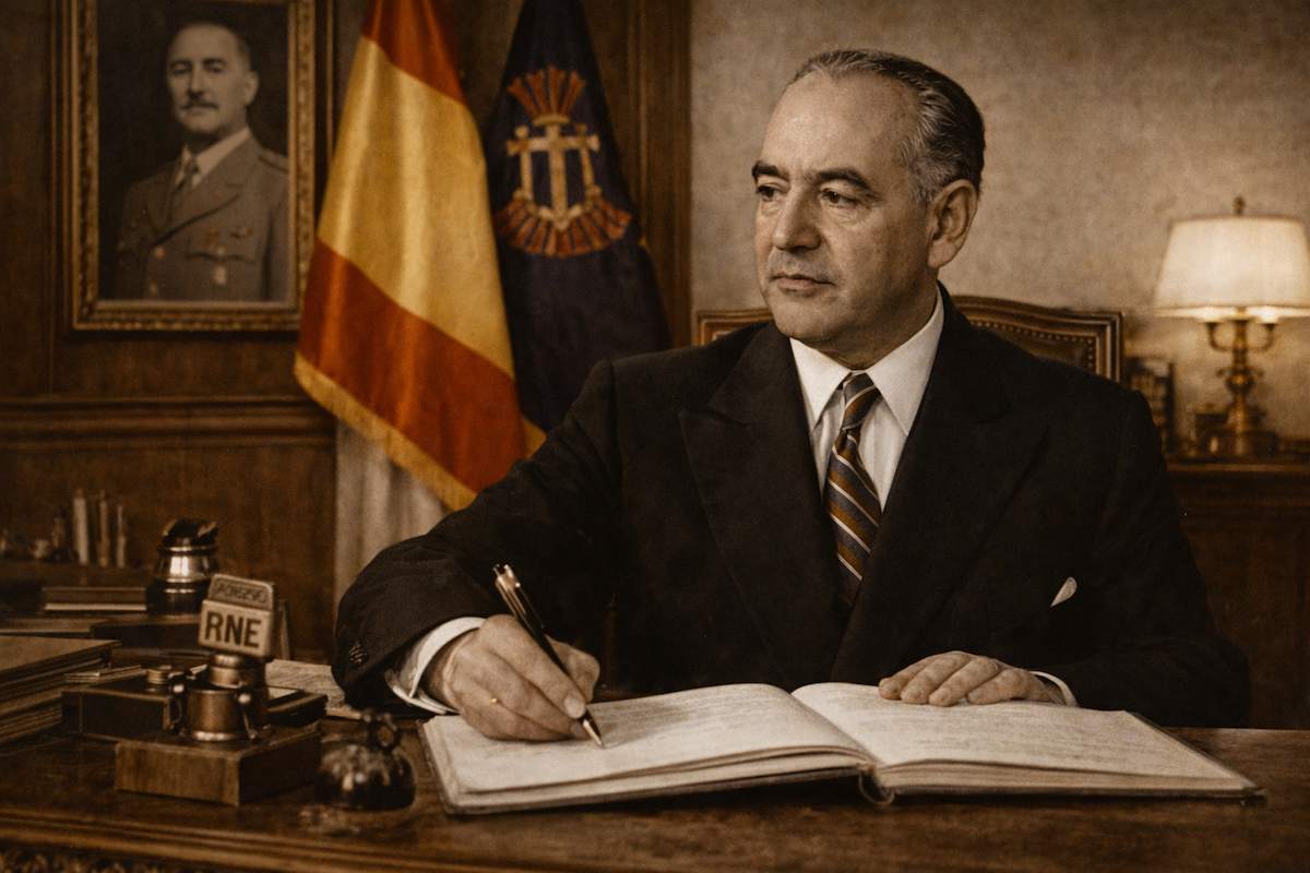 Gonzalo Fernández de la Mora firmando documentos oficiales en su despacho ministerial, imagen representativa de su etapa como intelectual y ministro del franquismo.