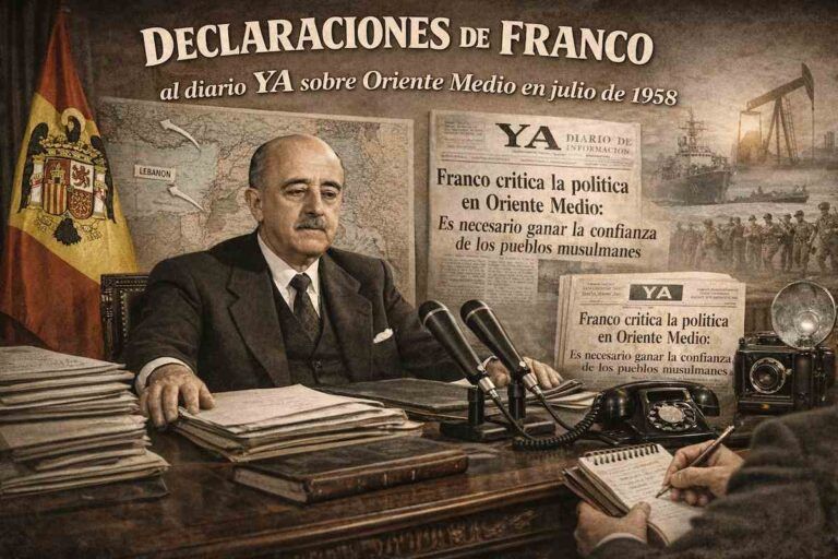Imagen alegórica de Francisco Franco durante su entrevista con el diario YA en julio de 1958, sentado en su despacho con documentos y micrófonos, junto a la bandera de España de época y mapas del Oriente Medio, en un contexto de análisis político internacional.