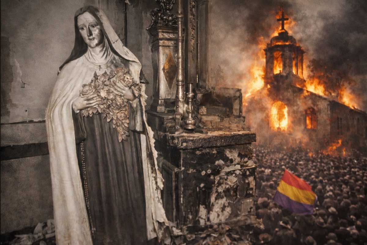 Imagen alegórica de los ataques anticlericales durante la Segunda República: estatua religiosa dañada junto a un altar profanado, con una iglesia en llamas y una multitud al fondo bajo una bandera republicana.