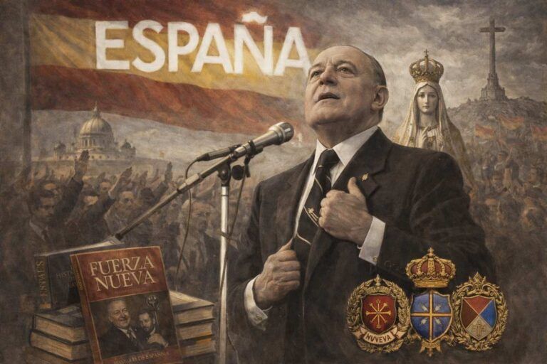 Imagen alegórica de Blas Piñar López pronunciando un discurso, con simbología nacional y religiosa, representativa de su ideología política y de su papel en la extrema derecha española durante el tardofranquismo y la Transición.