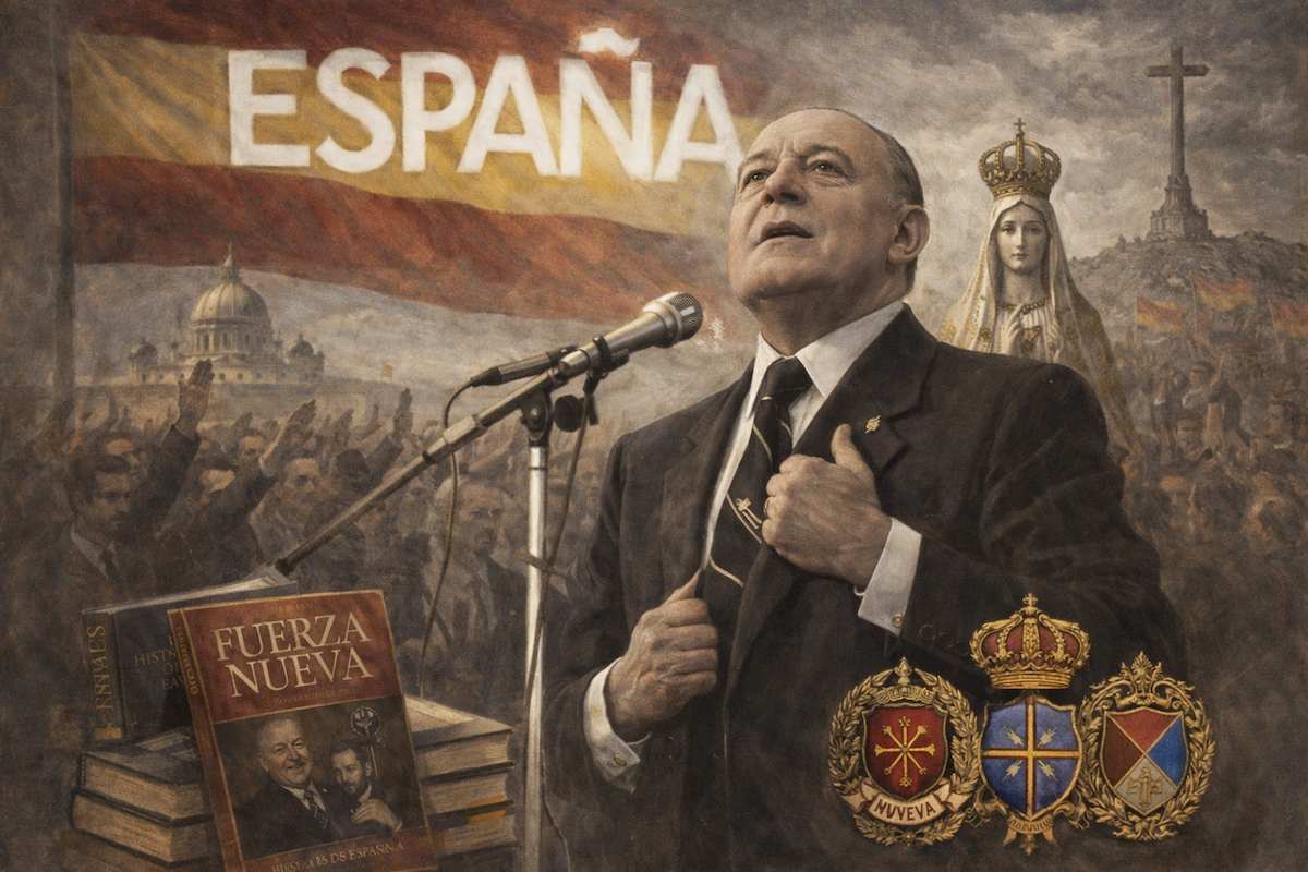 Imagen alegórica de Blas Piñar López pronunciando un discurso, con simbología nacional y religiosa, representativa de su ideología política y de su papel en la extrema derecha española durante el tardofranquismo y la Transición.