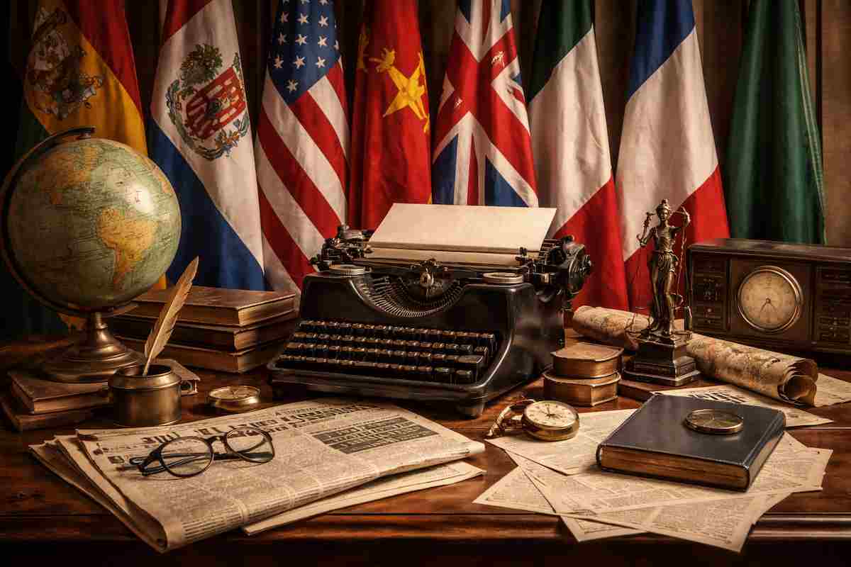 Bodegón alegórico de los años cincuenta con máquina de escribir, globo terráqueo, periódicos y banderas internacionales, símbolo de la tensión política y diplomática mundial en 1956.
