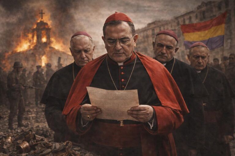 Imagen alegórica de la pastoral colectiva de 1937: un cardenal y varios obispos leen un documento en un escenario de guerra, con una iglesia en llamas y banderas republicanas al fondo, simbolizando la toma de posición del Episcopado durante la Guerra Civil Española.