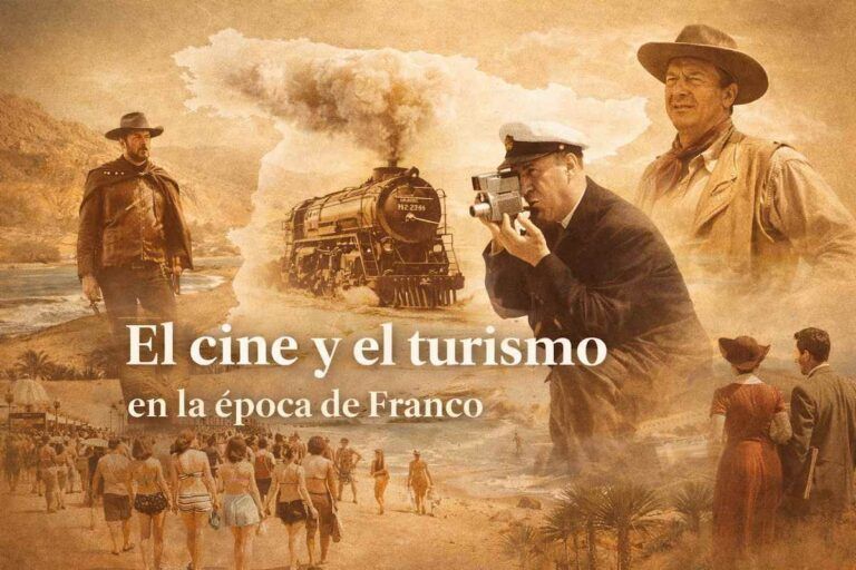 Imagen alegórica del cine y el turismo en la España de los años 50 y 60, con Francisco Franco filmando en una playa, actores de Hollywood, rodajes internacionales y turistas, evocando el auge cinematográfico y turístico durante el franquismo.