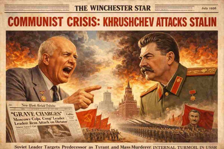 Ilustración alegórica de prensa de 1956 que muestra a Nikita Jrushchov enfrentándose a José Stalin en la portada de un periódico de la Guerra Fría, simbolizando la crisis interna del comunismo soviético tras las denuncias contra el estalinismo.