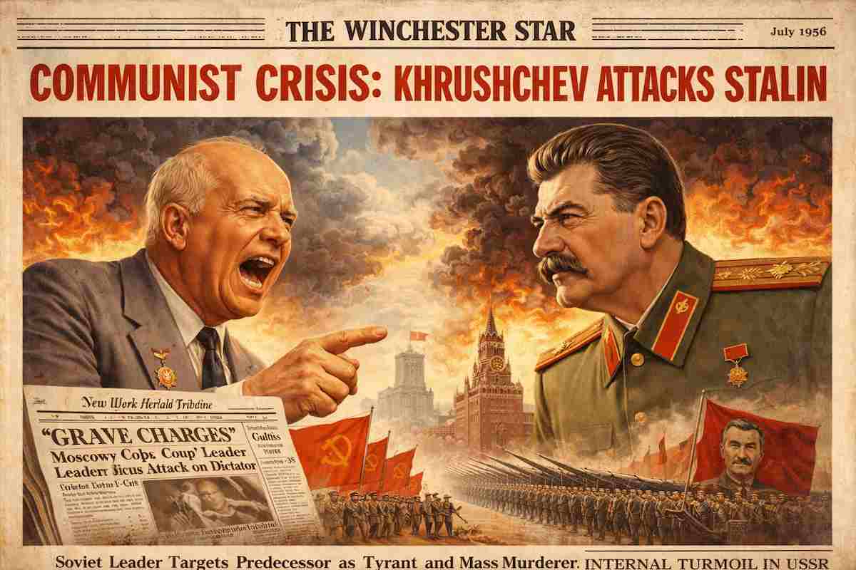 Ilustración alegórica de prensa de 1956 que muestra a Nikita Jrushchov enfrentándose a José Stalin en la portada de un periódico de la Guerra Fría, simbolizando la crisis interna del comunismo soviético tras las denuncias contra el estalinismo.