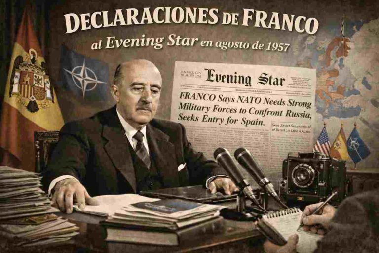 Imagen alegórica de Francisco Franco durante su entrevista con el diario Evening Star en agosto de 1957, sentado en su despacho con documentos y micrófonos, con referencias visuales a la OTAN, la Guerra Fría y el papel estratégico de España en la defensa de Europa occidental.