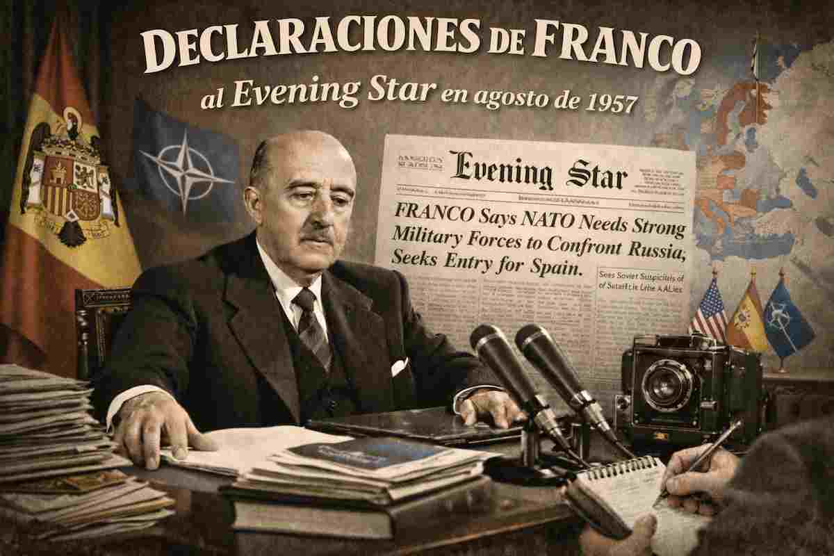 Imagen alegórica de Francisco Franco durante su entrevista con el diario Evening Star en agosto de 1957, sentado en su despacho con documentos y micrófonos, con referencias visuales a la OTAN, la Guerra Fría y el papel estratégico de España en la defensa de Europa occidental.