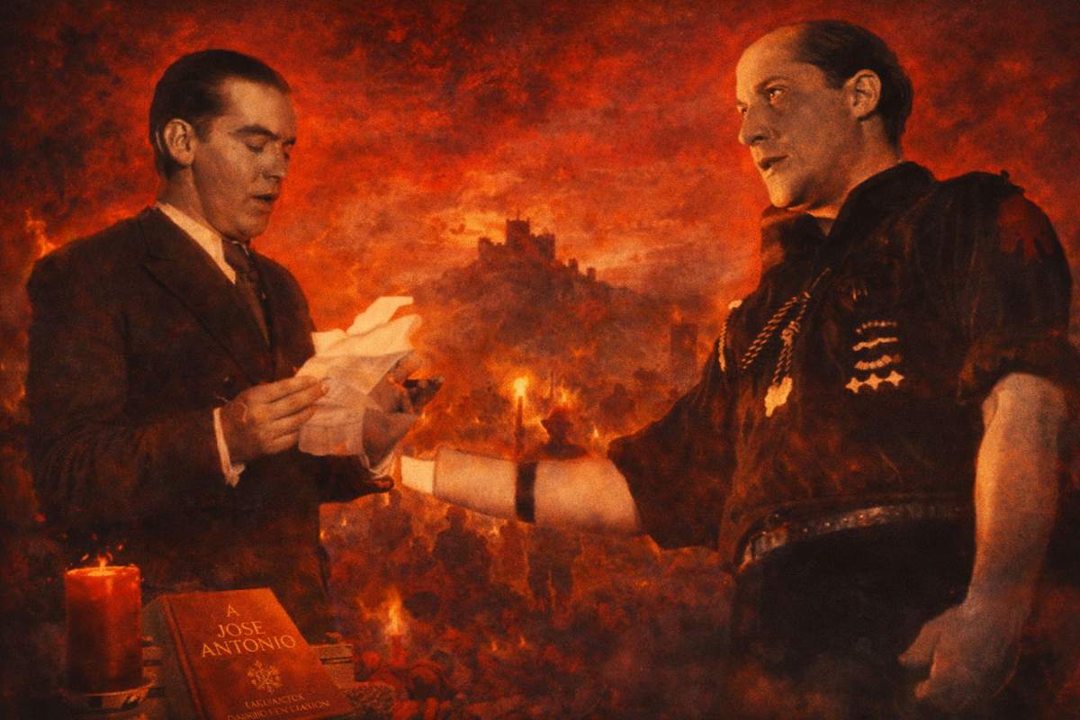 Imagen alegórica de la poesía “A José Antonio”, con dos figuras históricas en diálogo simbólico, documentos en las manos, fondo rojo expresionista y un ambiente de tensión, compromiso y reflexión política.