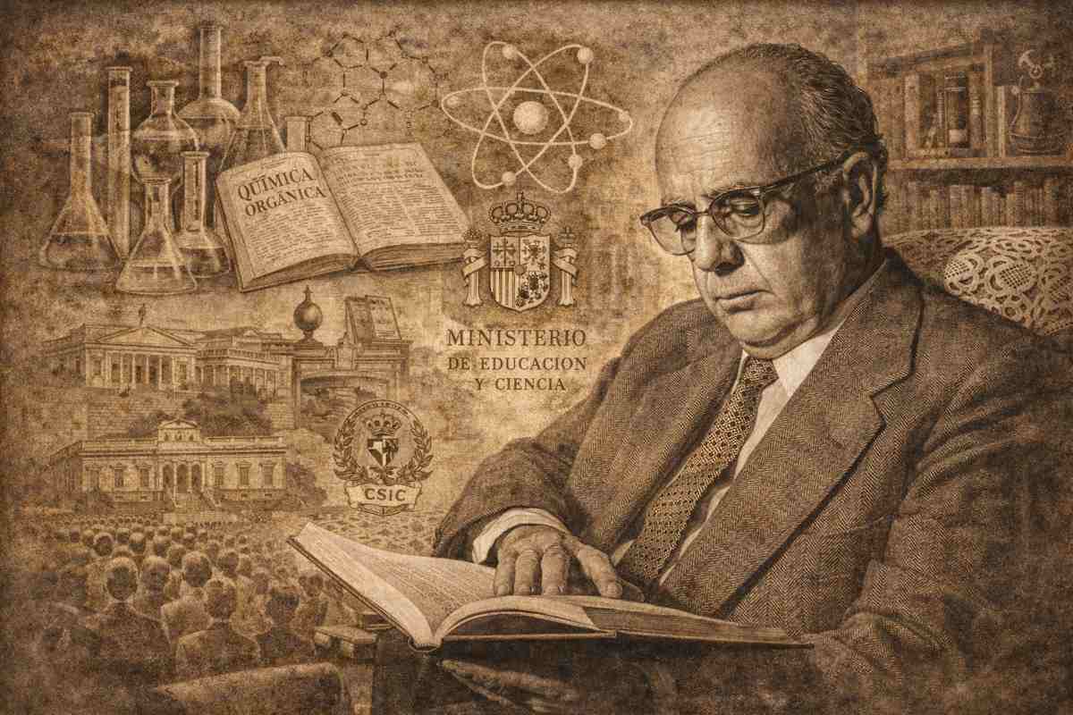 Retrato alegórico de Manuel Lora-Tamayo Martín, químico y ministro de Educación y Ciencia, representado leyendo un libro, rodeado de símbolos de la ciencia, la universidad y la política educativa española del siglo XX.