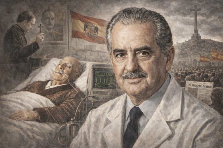 Imagen alegórica de Vicente Pozuelo Escudero como médico, junto a un paciente en sus últimos días, en un contexto simbólico del final del franquismo y del 20 de noviembre de 1975.