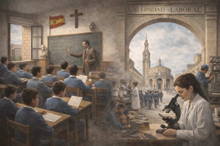Imagen alegórica sobre la educación en el franquismo: alumnos uniformados atienden una clase en un aula tradicional, mientras otros estudiantes acceden a una Universidad Laboral y una joven realiza prácticas científicas en un laboratorio, simbolizando la formación técnica, universitaria y la progresiva incorporación de la mujer a la educación superior.