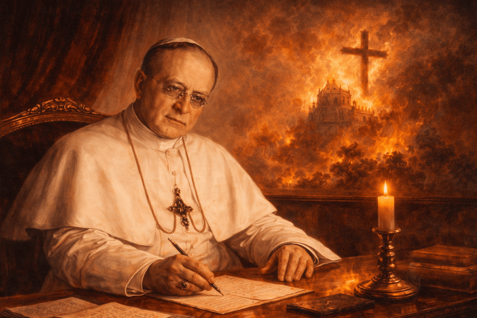 Imagen alegórica horizontal del papa Pío XI escribiendo en su despacho, con una cruz iluminada y una iglesia en llamas al fondo, símbolo de la persecución religiosa y del martirio cristiano durante la Guerra Civil Española.
