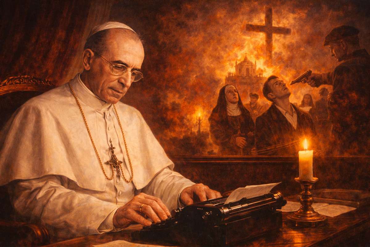 Imagen alegórica del papa Pío XII redactando un mensaje solemne, con una vela encendida y escenas simbólicas de la persecución religiosa durante la Guerra Civil Española al fondo, que evocan el martirio cristiano y la reflexión pastoral.