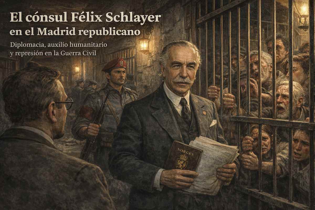 Ilustración alegórica de Félix Schlayer, cónsul de Noruega en el Madrid republicano, portando documentos diplomáticos ante presos tras las rejas, símbolo del auxilio humanitario y la represión en las cárceles de Madrid durante la Guerra Civil española.