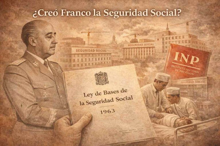 Ilustración alegórica de Francisco Franco junto a la Ley de Bases de la Seguridad Social de 1963, con médicos atendiendo a un paciente y edificios de la Seguridad Social al fondo.