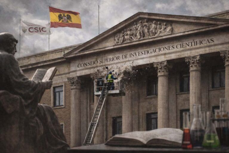 Imagen alegórica del edificio del Consejo Superior de Investigaciones Científicas: un operario retira una inscripción histórica de la fachada mientras ondea una bandera de España con el escudo franquista; en primer plano aparecen símbolos de la ciencia, representando el debate entre memoria histórica y legado institucional.