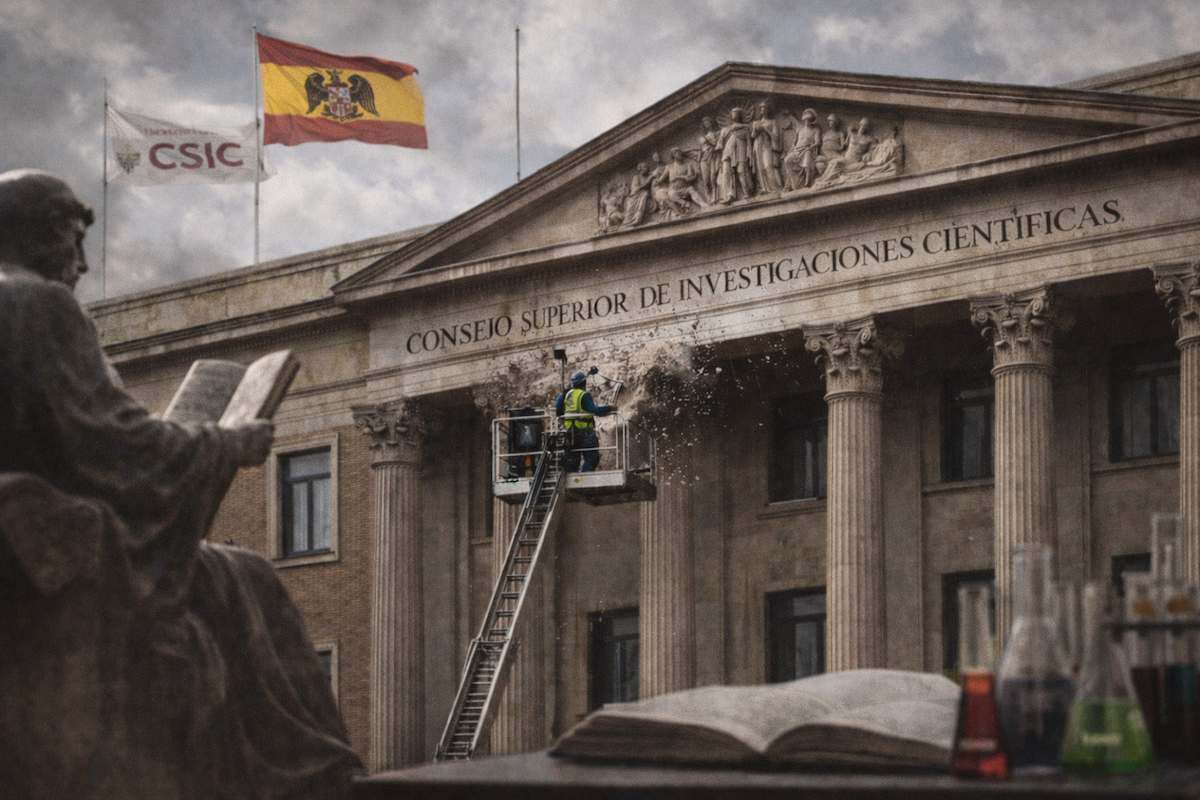 Imagen alegórica del edificio del Consejo Superior de Investigaciones Científicas: un operario retira una inscripción histórica de la fachada mientras ondea una bandera de España con el escudo franquista; en primer plano aparecen símbolos de la ciencia, representando el debate entre memoria histórica y legado institucional.