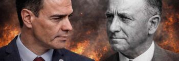 Imagen alegórica en la que aparecen Pedro Sánchez y Francisco Largo Caballero frente a frente; Sánchez en color con traje oscuro y corbata roja, y Largo Caballero en blanco y negro, sobre un fondo simbólico de fuego que evoca conflicto histórico y político.