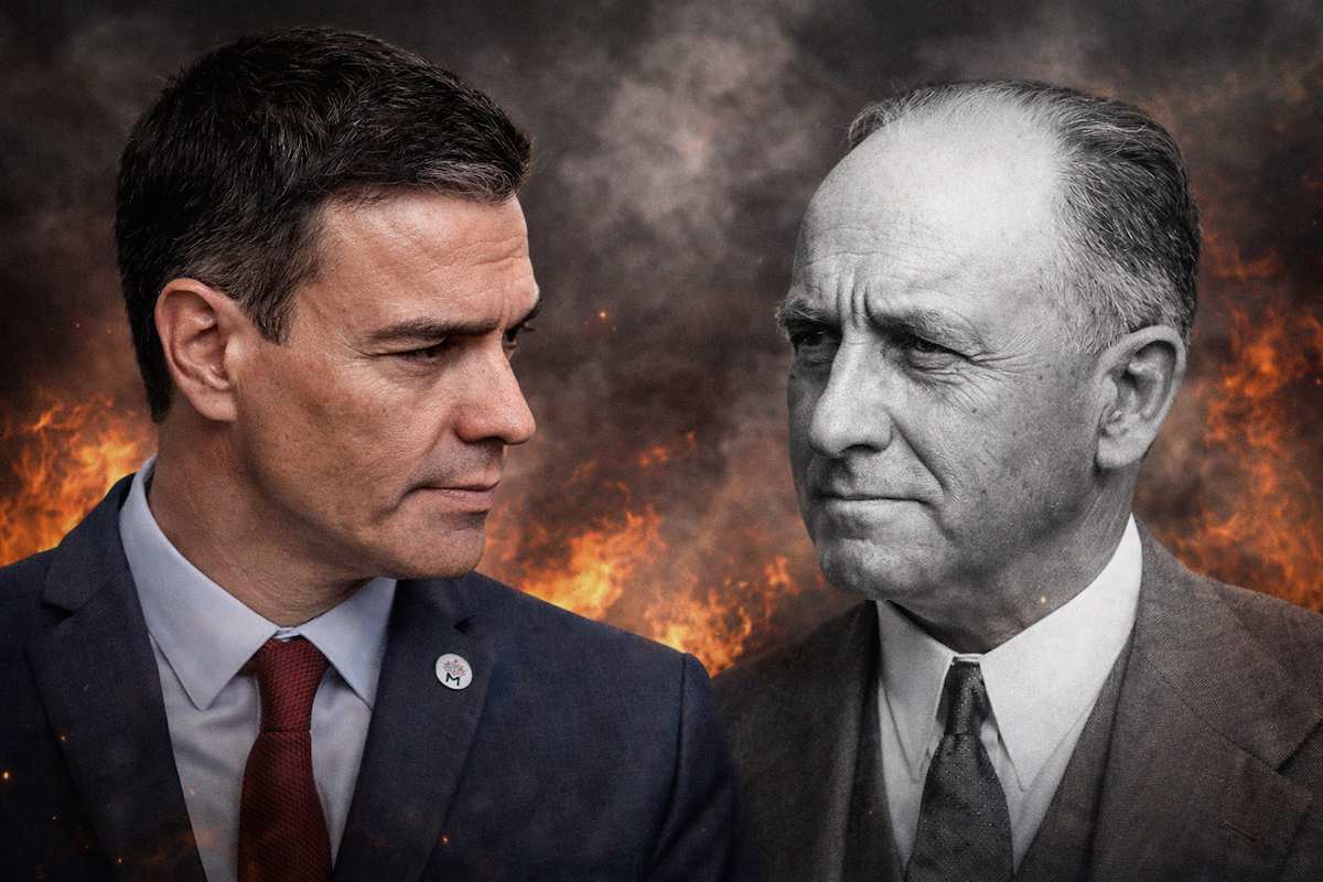 Imagen alegórica en la que aparecen Pedro Sánchez y Francisco Largo Caballero frente a frente; Sánchez en color con traje oscuro y corbata roja, y Largo Caballero en blanco y negro, sobre un fondo simbólico de fuego que evoca conflicto histórico y político.