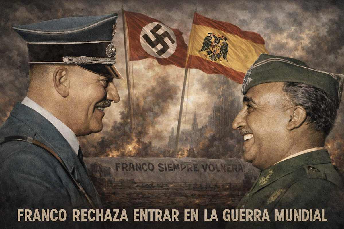 Imagen alegórica del encuentro entre Francisco Franco y Adolf Hitler, con ambos líderes frente a frente y símbolos de la Alemania nazi y la España franquista en el contexto de la Segunda Guerra Mundial.