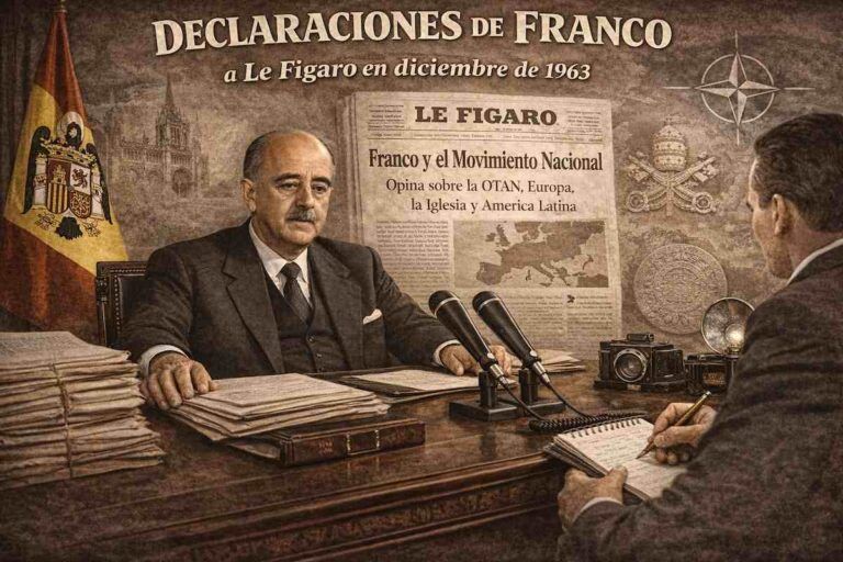 Imagen alegórica de Francisco Franco durante la entrevista concedida al diario francés Le Figaro en diciembre de 1963, sentado en su despacho ante micrófonos y documentos, con referencias visuales al Movimiento Nacional, Europa, la OTAN, la Iglesia y las relaciones internacionales de España, en un ambiente sobrio de tono sepia.