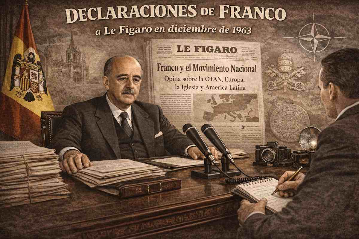 Imagen alegórica de Francisco Franco durante la entrevista concedida al diario francés Le Figaro en diciembre de 1963, sentado en su despacho ante micrófonos y documentos, con referencias visuales al Movimiento Nacional, Europa, la OTAN, la Iglesia y las relaciones internacionales de España, en un ambiente sobrio de tono sepia.