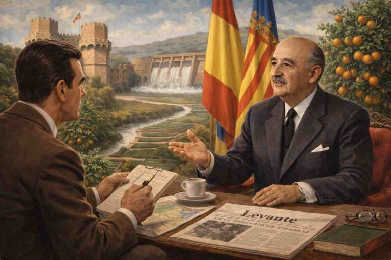 Ilustración alegórica de Francisco Franco durante su entrevista con el diario Levante en mayo de 1952, con elementos representativos de Valencia como regadíos, agricultura, infraestructuras hidráulicas y símbolos institucionales al fondo.
