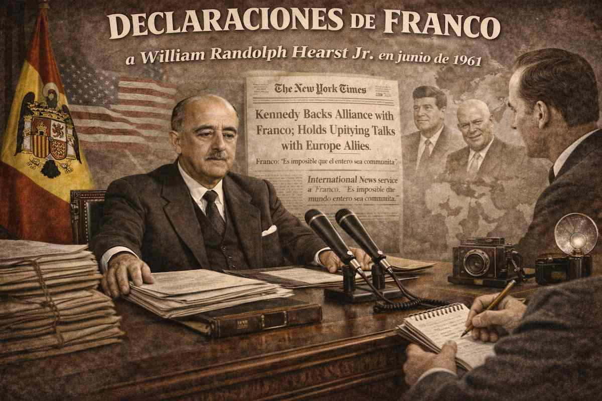Imagen alegórica de Francisco Franco durante la entrevista concedida al periodista norteamericano William Randolph Hearst Jr. en junio de 1961, sentado en su despacho con micrófonos y documentos, en un contexto de Guerra Fría con referencias a Estados Unidos, la Unión Soviética y la política internacional.