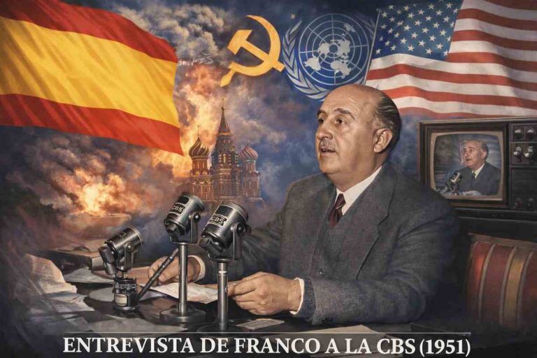 Ilustración alegórica en color de Francisco Franco durante la entrevista a la CBS en 1951, sentado ante micrófonos de época, con banderas de España y Estados Unidos de fondo y símbolos de la Guerra Fría que evocan el contexto internacional del momento.