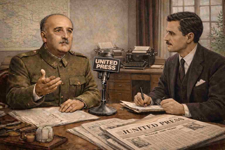Francisco Franco durante entrevista con un periodista de United Press en noviembre de 1938, sentado en uniforme militar mientras responde preguntas en un despacho con mapa de España y ambiente de época.