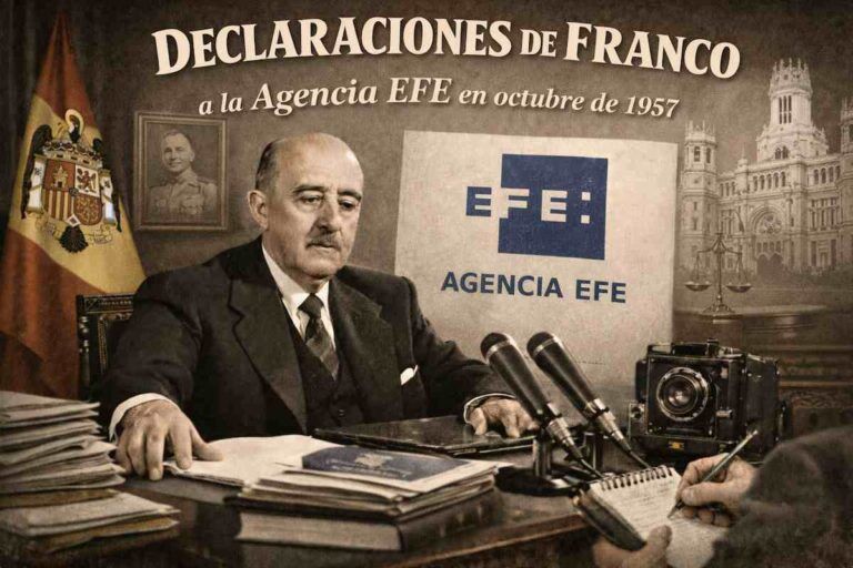 Imagen alegórica de Francisco Franco durante sus declaraciones a la Agencia EFE en octubre de 1957, sentado en su despacho con documentos y micrófonos, junto a la bandera de España de época y referencias institucionales, en un ambiente oficial y periodístico.