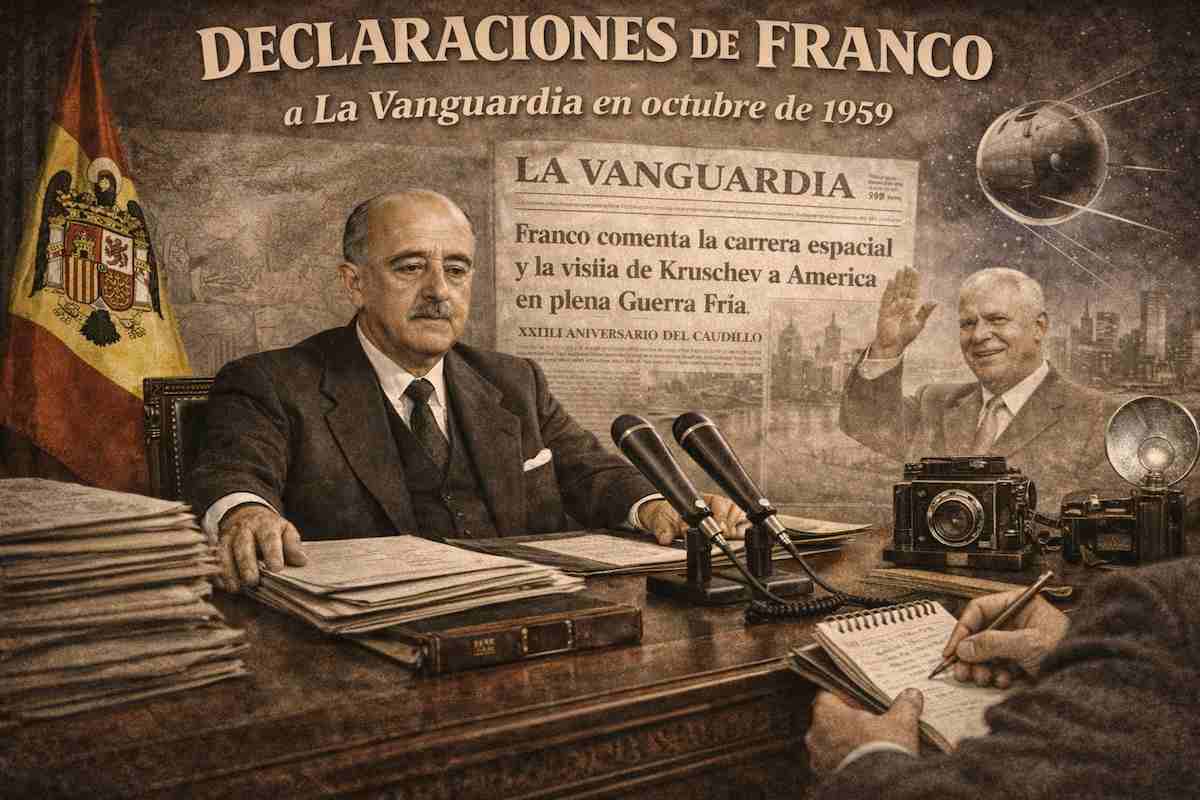 Imagen alegórica de Francisco Franco en su despacho durante la entrevista concedida a La Vanguardia en octubre de 1959, con motivo del XXIII aniversario de su designación como Caudillo, rodeado de símbolos de la Guerra Fría como el Sputnik soviético, titulares de prensa internacional y referencias a la visita de Kruschchev a Estados Unidos, con la bandera de España al fondo.