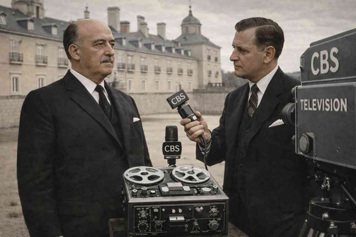 Francisco Franco entrevistado en el Palacio de El Pardo por el corresponsal de la CBS en 1951, con equipo de grabación magnetofónica y cámaras de televisión, imagen documental del inicio del acercamiento hispano-estadounidense.