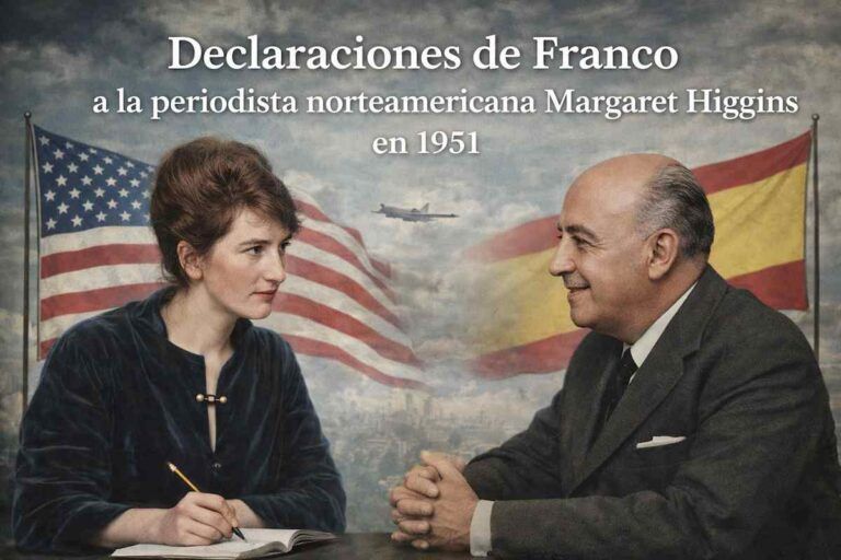 Ilustración alegórica de la periodista norteamericana Margaret Higgins entrevistando a Francisco Franco en 1951, con ambos sentados frente a frente, tomando notas, y las banderas de Estados Unidos y España al fondo en el contexto de la Guerra Fría.
