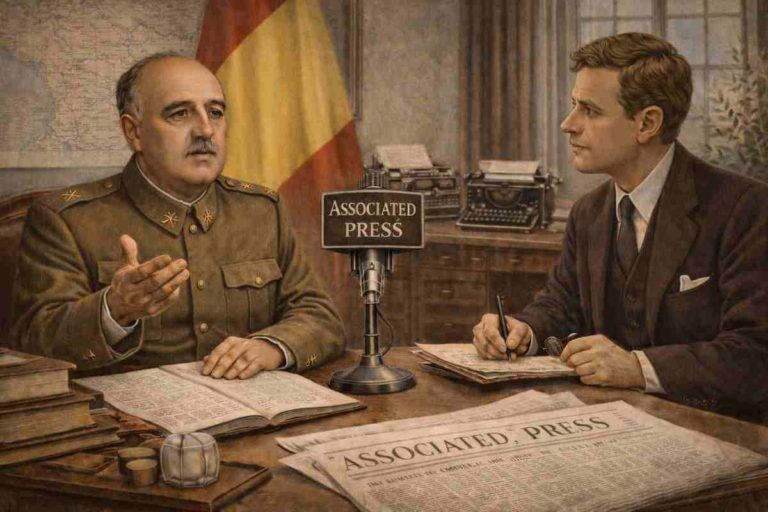 Francisco Franco durante entrevista con corresponsal de Associated Press en diciembre de 1938, escena de época con periodista tomando notas y ambiente de despacho militar.