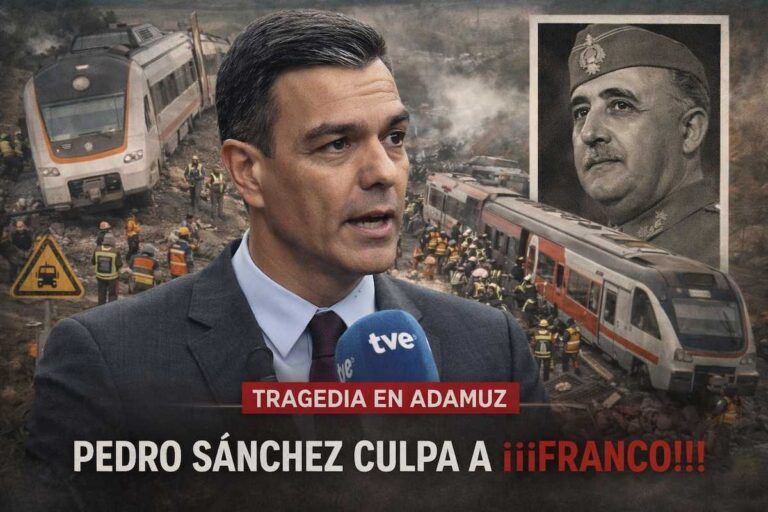Imagen alegórica del accidente ferroviario de Adamuz con Pedro Sánchez interviniendo en TVE, trenes siniestrados y labores de emergencia, junto a una referencia histórica a Franco en un montaje informativo.