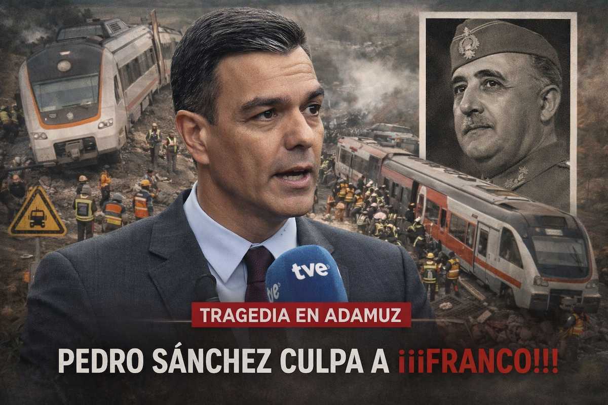 Imagen alegórica del accidente ferroviario de Adamuz con Pedro Sánchez interviniendo en TVE, trenes siniestrados y labores de emergencia, junto a una referencia histórica a Franco en un montaje informativo.