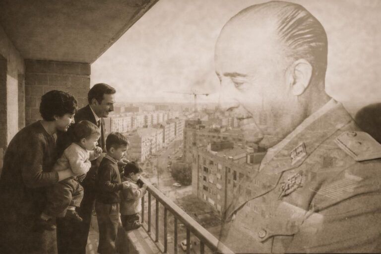 Imagen alegórica de la política de vivienda en la España de mediados del siglo XX: una familia observa desde el balcón su nuevo barrio de viviendas protegidas en construcción, con bloques residenciales y grúas al fondo, simbolizando el acceso a un hogar digno para las clases trabajadoras.