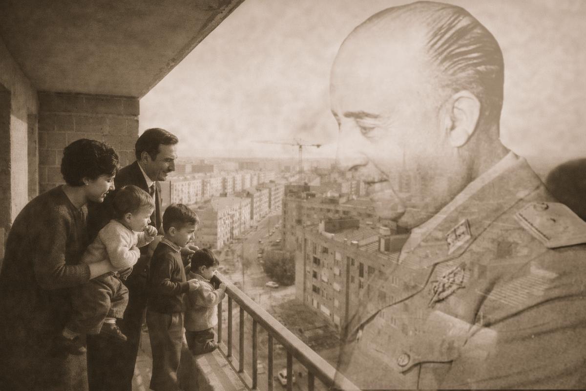 Imagen alegórica de la política de vivienda en la España de mediados del siglo XX: una familia observa desde el balcón su nuevo barrio de viviendas protegidas en construcción, con bloques residenciales y grúas al fondo, simbolizando el acceso a un hogar digno para las clases trabajadoras.
