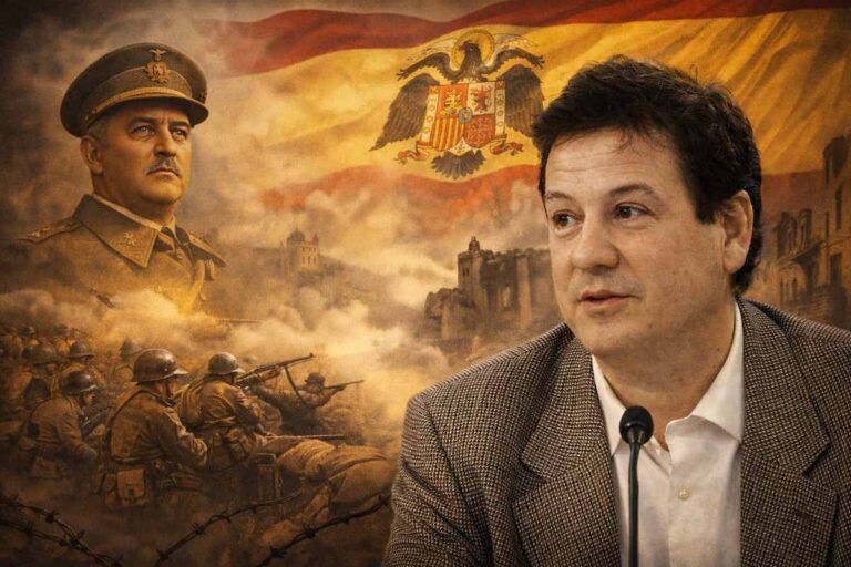Imagen alegórica de la Guerra Civil Española con Fernando Paz en primer plano, escenas bélicas del conflicto, soldados en combate, ruinas urbanas y símbolos del bando nacional como la bandera española al fondo.