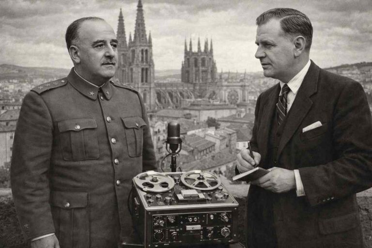 Fotografía en blanco y negro de 1938: Francisco Franco y el periodista Manuel Aznar de pie en Burgos durante una entrevista, con un magnetófono entre ambos y la silueta de la catedral al fondo, ambiente documental de la Guerra Civil española.