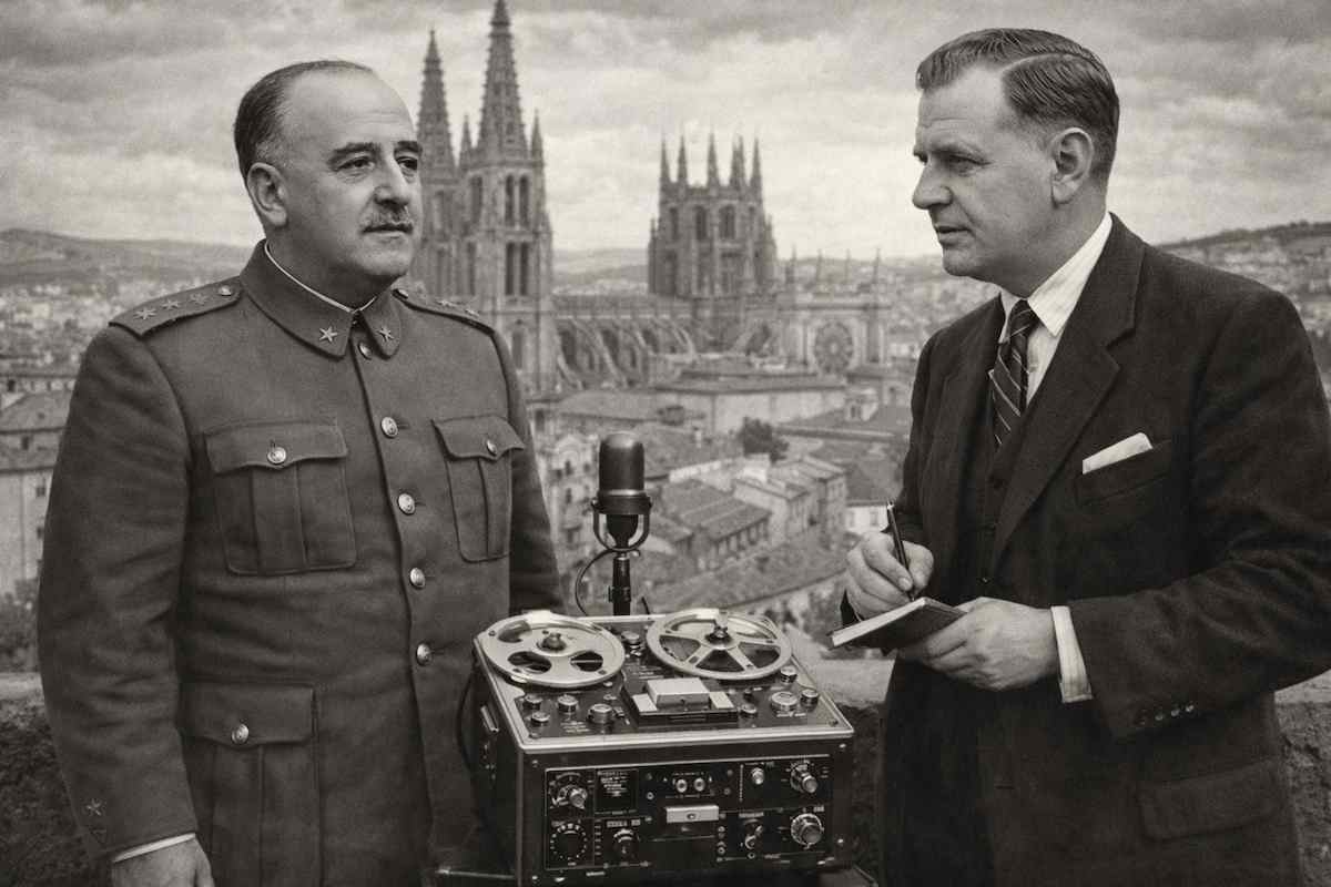 Fotografía en blanco y negro de 1938: Francisco Franco y el periodista Manuel Aznar de pie en Burgos durante una entrevista, con un magnetófono entre ambos y la silueta de la catedral al fondo, ambiente documental de la Guerra Civil española.