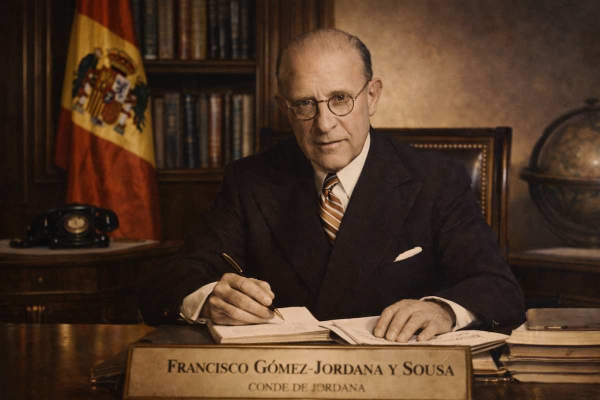 Francisco Gómez-Jordana y Sousa, conde de Jordana, sentado en su despacho oficial, escribiendo documentos sobre la mesa, con biblioteca y bandera de España al fondo, en una escena representativa de su labor diplomática y de gobierno.