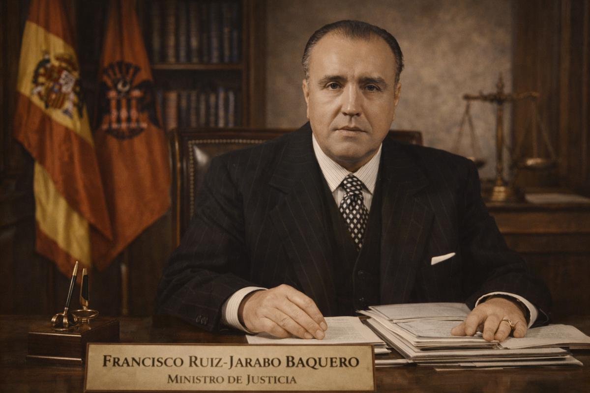 Retrato alegórico de Francisco Ruiz-Jarabo Baquero, jurista y ministro de Justicia, sentado en su despacho oficial con documentos sobre la mesa, biblioteca jurídica al fondo y símbolos institucionales que evocan su trayectoria en la alta magistratura del Estado.