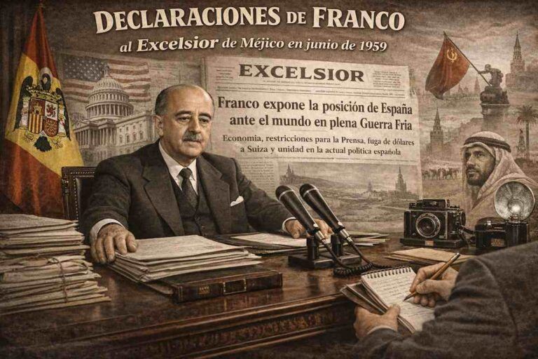 Imagen alegórica de Francisco Franco durante su entrevista con el diario Excélsior de México en junio de 1959, sentado en su despacho con micrófonos y documentos, rodeado de símbolos de la Guerra Fría, referencias a Estados Unidos, la Unión Soviética, la prensa internacional y el mundo árabe.