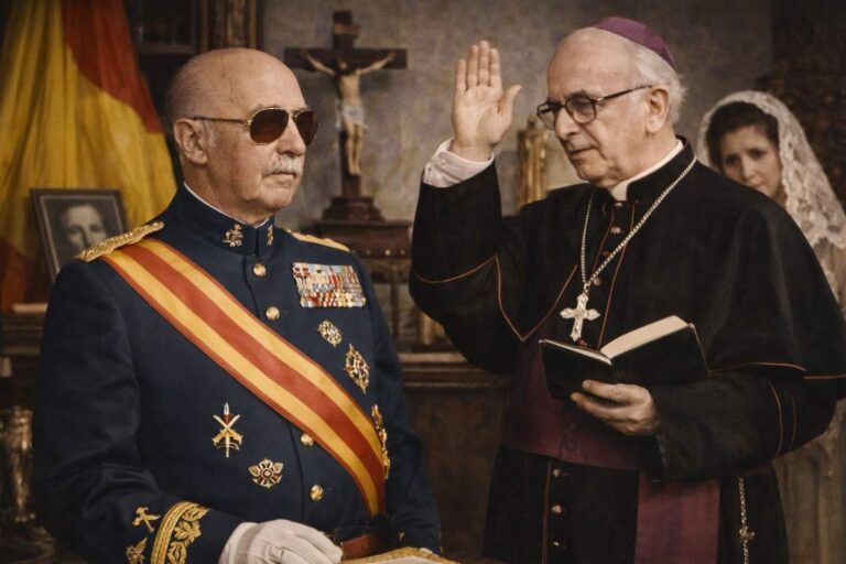 José María Bulart, sacerdote y capellán de Franco, impartiendo una bendición junto a una figura militar de alto rango en un ambiente solemne, con símbolos religiosos y del Estado al fondo.