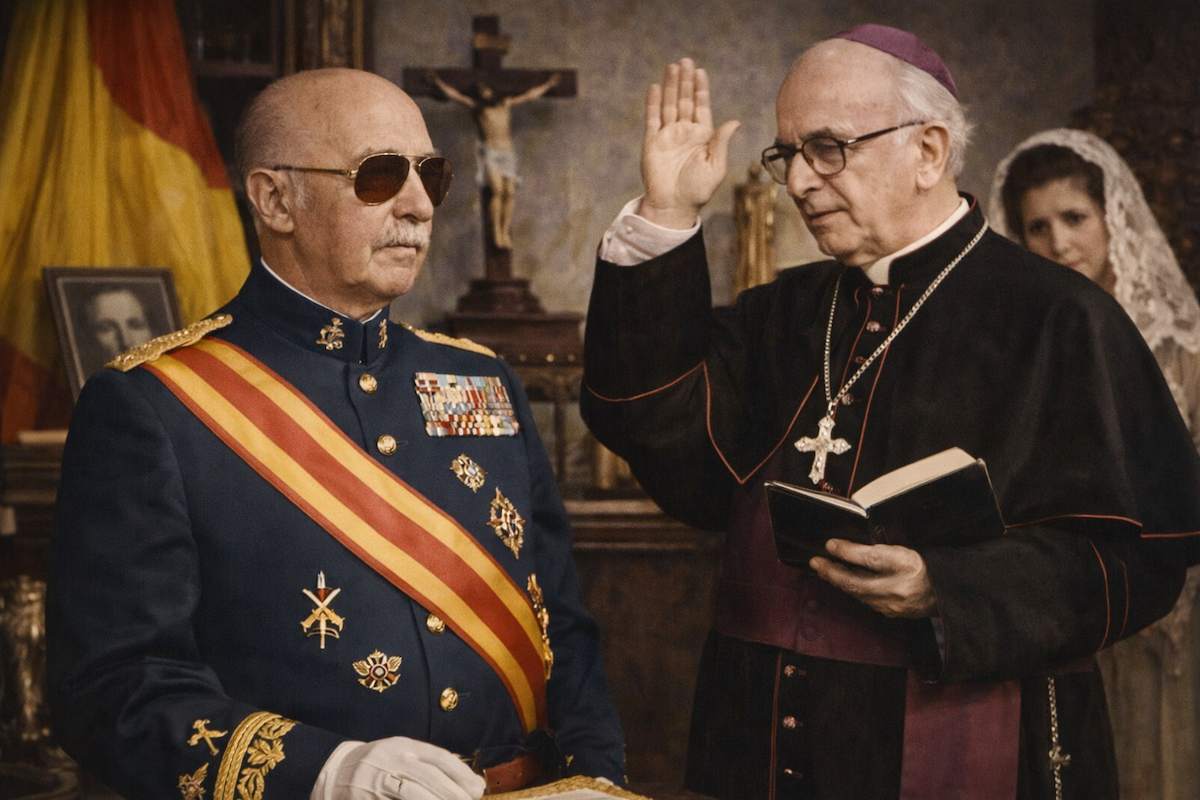José María Bulart, sacerdote y capellán de Franco, impartiendo una bendición junto a una figura militar de alto rango en un ambiente solemne, con símbolos religiosos y del Estado al fondo.